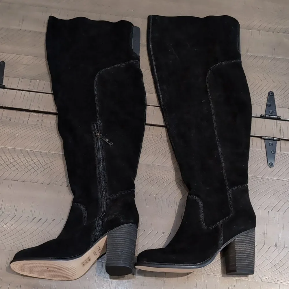 Kelsi Dagger Brooklyn Logan Over The Knee Boots Black Suede Stacked Heel Sz 9.5